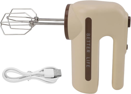 Khaki Household Cordless Electric Hand Mixer, 5 Speed With Stainless Steel Whisk, Usb Charging, Powerful Motor, Settings, For Baking, Cream, Batter, And More