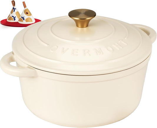 Overmont Enameled Cast Iron Dutch Oven - 5.5QT Pot with Lid Cookbook & Cotton Potholders - Heavy-Duty Cookware for Braising, Stews, Roasting, Bread Baking white