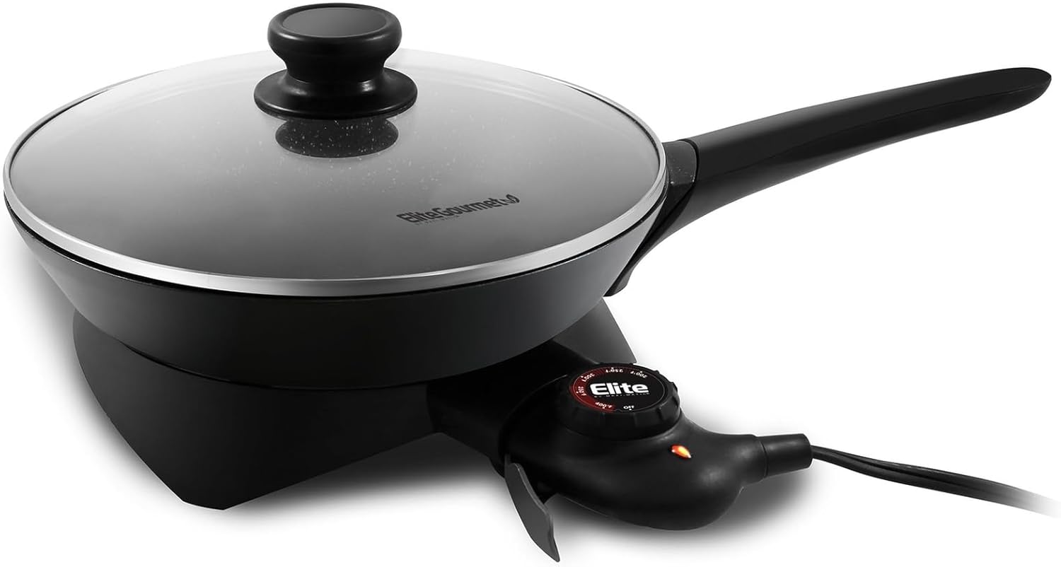Elite Gourmet Round Electric Skillet with Lid and Handle Aluminum,Glass,Plastic,Steel Black