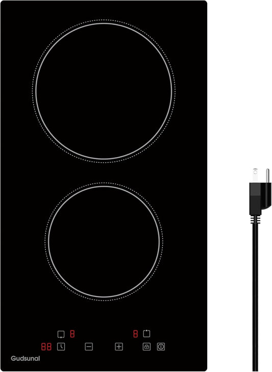 2 Burner Electric Cooktop, 2000 Watt, 110V with Plug,12 Inch Touch Control Electric Stove Top for Countertop & Built-in Use, Timer, Child Lock, Hot Surface Indicator Included,Matte Black