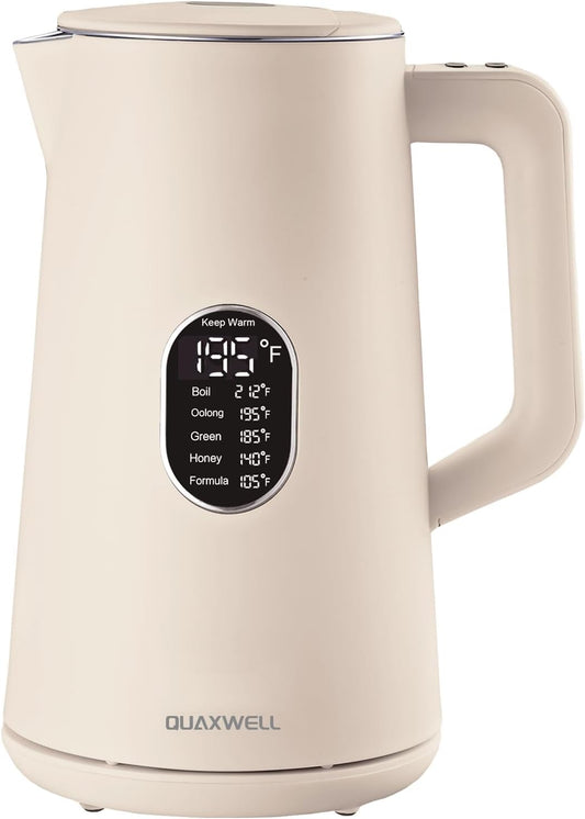 QUAXWELL 1.5L Electric Kettle Stainless Steel, Double Wall Cool Touch Teapot, Fast Boil,5 Temperature Control, LED Display, Auto Shut-Off,Keep Warm Function,Cream White