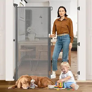 65â€ Extra Tall Pet Gate Indoor Gate 55â€ Wide Baby Gate Retractable Dog Gate Outdoor Gates for Decks Retractable Baby Gates for Doorways Tall Dog Gate for Front Door Mesh Gates for Kids or Pets, Gray