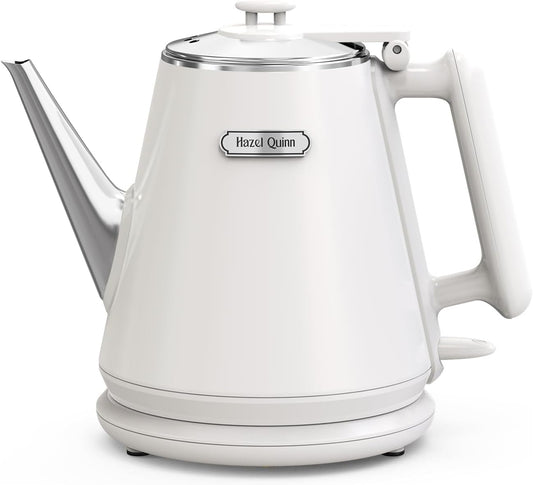 Hazel Quinn Electric Kettle - 1L\/34oz Small Tea Kettle, 800W Fast Boil, All 304 Stainless Steel Interior, Double Wall for Cool Touch and Thermal, Auto Shut-Off, BPA-Free, Cordless - Pearl White