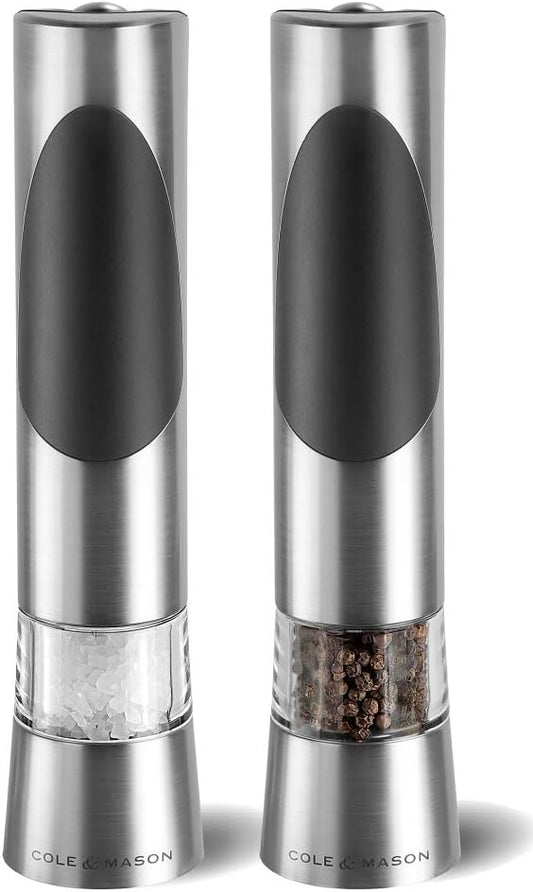 Cole & Mason Richmond Electric Salt and Pepper Mills, Adjustable Grind Mechanism, Chrome\/Acrylic, 215 mm, Gift Set, Includes 2 x Electric Grinders