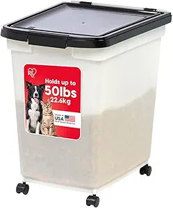 IRIS USA 50 Lbs / 65 Qt WeatherPro Airtight Pet Food Storage Container with Removable Casters, for Dog Cat Bird and other Pet Food Storage Bin, Keep Fresh, Translucent Body, Easy Mobility, Pearl/Black