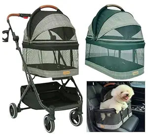ROODO 2026 Upgraded Version 3-in-1 Dog Cat Stroller with Detachable Carrier Folding Lightweight Portable Travel Pet Gear All-Terrain Puppy Doggie Kitty Bunny Stroller for 35 lbs(Grey Lattice)