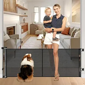 Reinforced 28 Inch Tall Retractable Dog Gate Small Baby Gate - Easy Step Over Dog Gate Short Pet Gate with Support Rods, 55" Wide Retractable Baby Gate for Stairs, Puppy Gates for Doorways, Black
