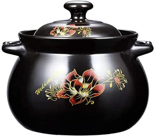 YXUANYZNB Ceramic Deep Casserole Dish,Earthen Pot Flower Pattern Clay Pot Soup Pot with Lid, Heat-Resistant Cookware for Slow Cooking,Suitable for Gas Electric Ceramic Stove-2.8L