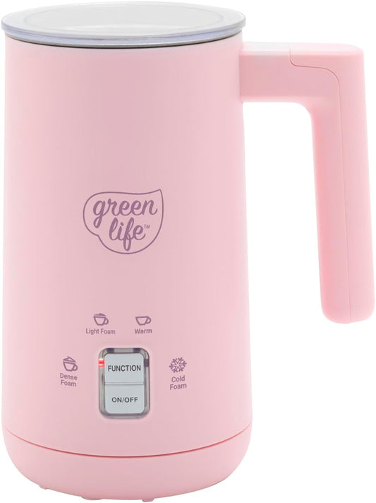 GreenLife Ceramic Electric Milk Frother, 10oz, 4-in-1, Auto Hot and Cold Foam, Dense and Light Foam, PFAS Free, Cordless Milk Warmer and Steamer for Latte, Coffee, Pink