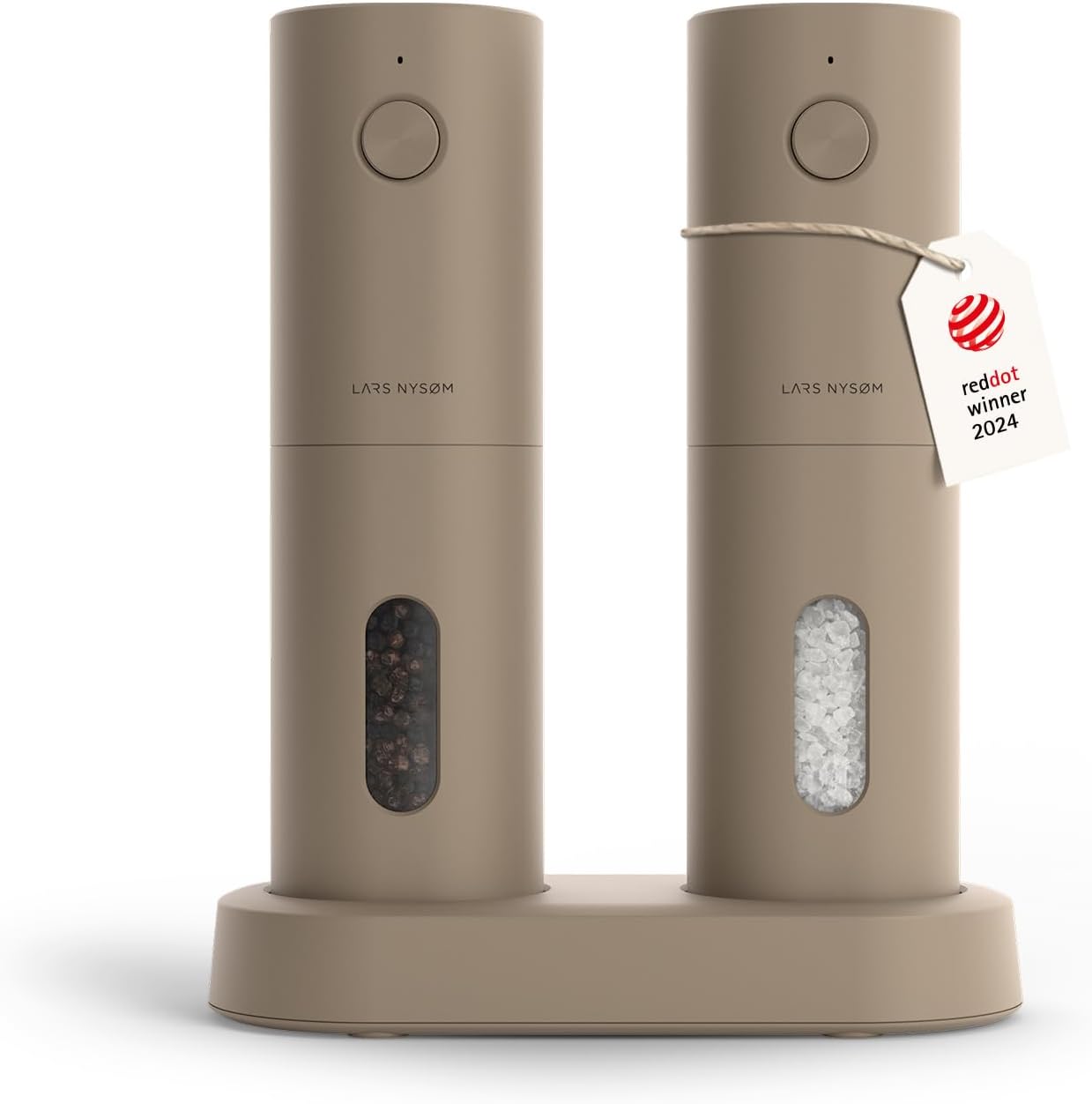 LARS NYSØM Electric Salt and Pepper Grinder Set, USB Rechargeable, Automatic Salt and Pepper Mills, Spice Shakers Refillable with LED Light, Adjustable Coarseness, Ceramic Grinder (Taupe Brown)
