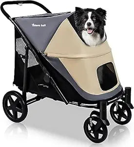 One-Click Folding Dog Stroller for 2 Dogs - 4 Wheel Jogger with Storage Pocket - Suitable for Pets Up to 110LBS (Beige & Grey)