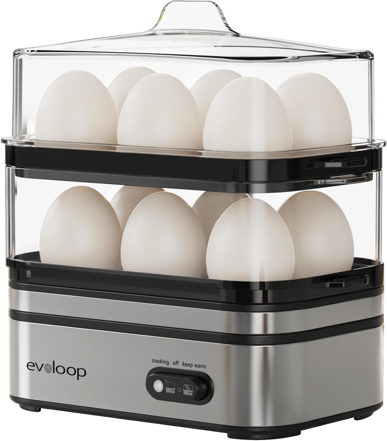 Evoloop Rapid Egg Cooker Electric 12 Eggs Capacity, Soft, Medium, Hard Boiled, Poached, Omelet Maker Egg Poacher & Vegetable Steamer, BPA Free Tray