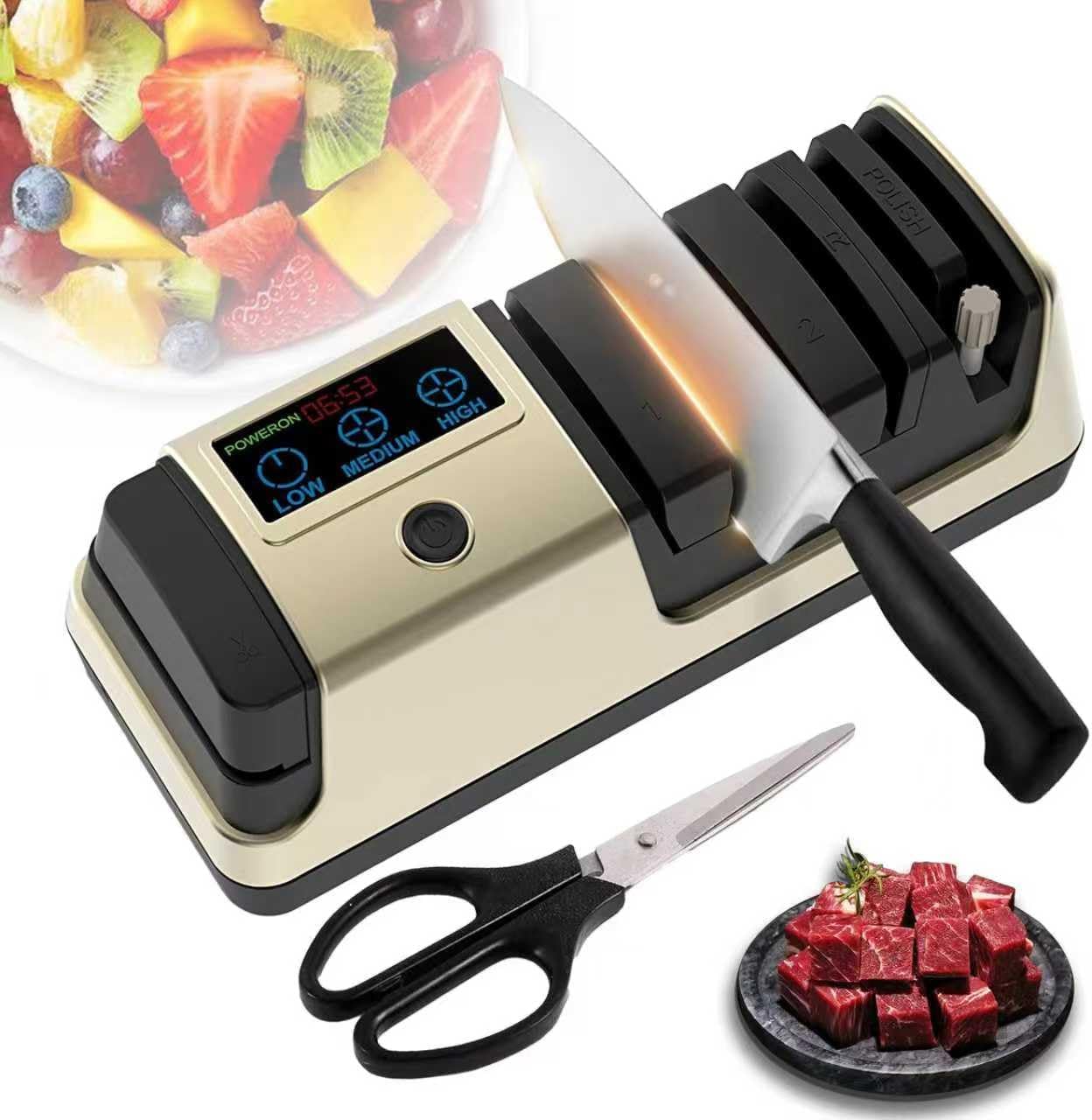 Professional 5-in-1 Electric Knife Sharpener w/LCD, Scissor Sharpener with 3-Speed & 100% Diamond Abrasives -Precision Angle Guides Sharpens Straight, Serrated, Cleaver Knives