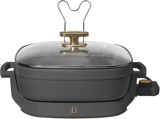 Beautiful 5-in-1 Electric Skillet with Expandable 5-7 QT Capacity & Adjustable Temperature (Oyster Gray)