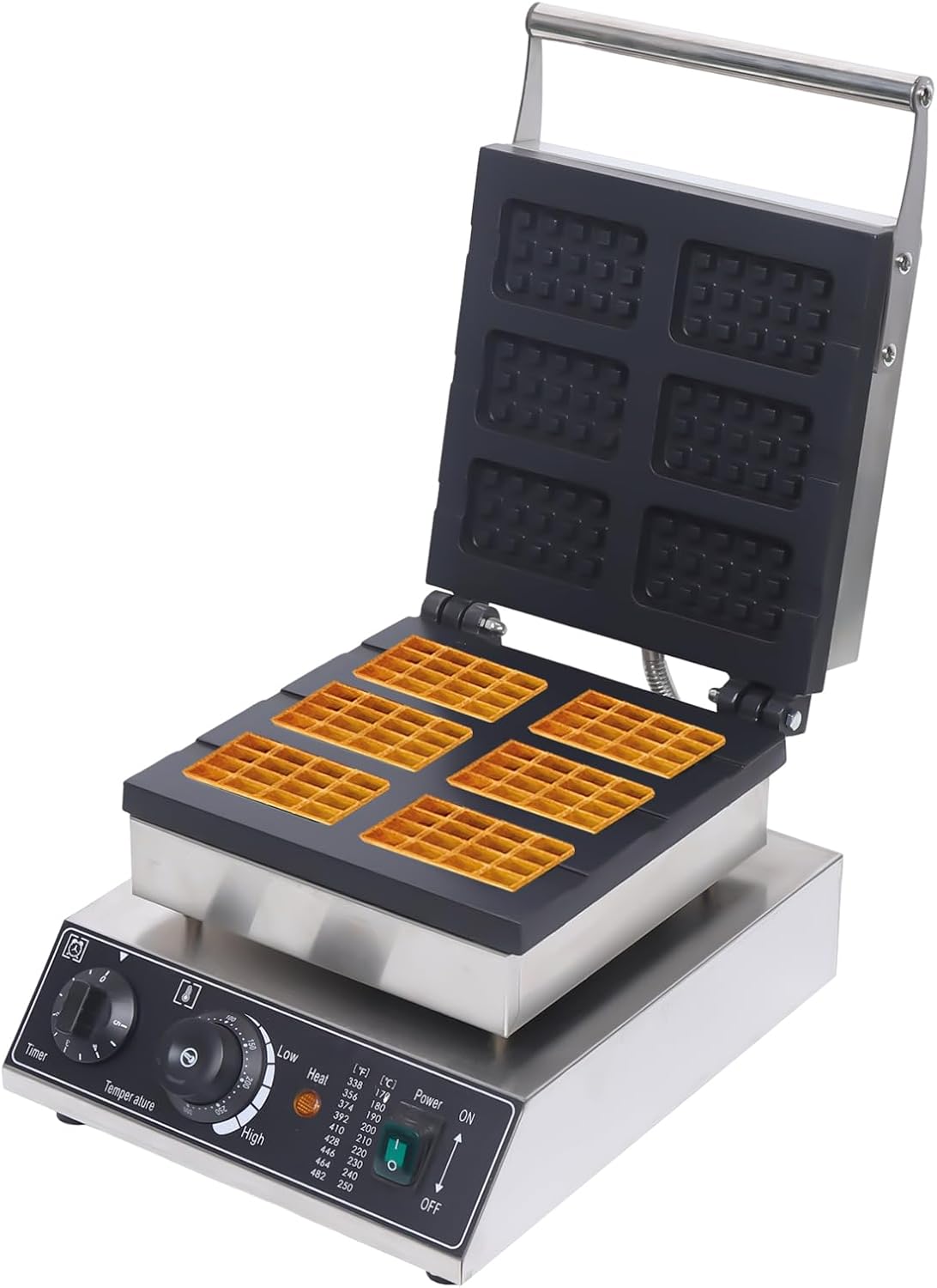 1750W 6 Grids Belgian Waffle Maker Machine with Temp and Time Control 122-572℉, 0-5 Mins, Non-Stick Plates Commercial Waffles Iron w\/ 6 Molds, Stainless Steel Electric Waffle Making Machine