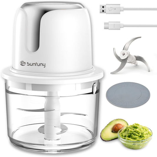 Food Processor Cordless, Small Wireless Chopper with 5-Cup Glass Bowl, 6000mAh Battery USB-C Rechargeable Electric Vegetable Chopper Meat Blender Kitchen Mixer for Garlic, Onion, Salad,Baby Food,White