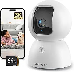 3K Indoor Camera with 64GB Card, Human/Pet/Facial AI Detection, Dog/Cat/Pet Camera Indoor with Phone APP, 5GHz 2.4GHz Dual Band Wi-Fi 6, 360 Pan Tilt Auto Tracking, Night Vision, 2-Way Talk