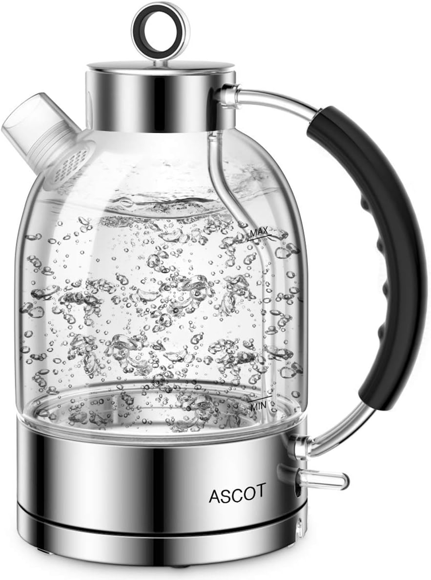 ASCOT Electric Kettle, Glass Electric Tea Kettle Gifts for Men\/Women\/Family 1.6L 1500W Borosilicate Glass Tea Heater, with Auto Shut-Off and Boil-Dry Protection (Silver)