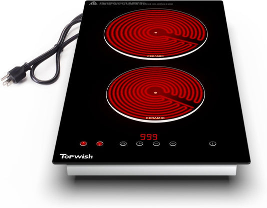 Electric Cooktop, TOPWISH 2 Burner Electric Cooktop Built-in, 110V Plug in Cook Top Stove Burners for Cooking, 12 Inch Stove Top with Touch Control, Timer, Child Lock, Over Heat Protection