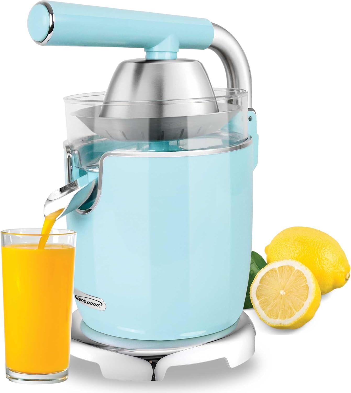 Brentwood Powerful Electric Citrus Juicer Orange, Lemon, Lime, and Grapefruit Squeezer, Ergonomic Lever, 2 Cones, Dishwasher Safe Parts (Blue, Exrta Large)