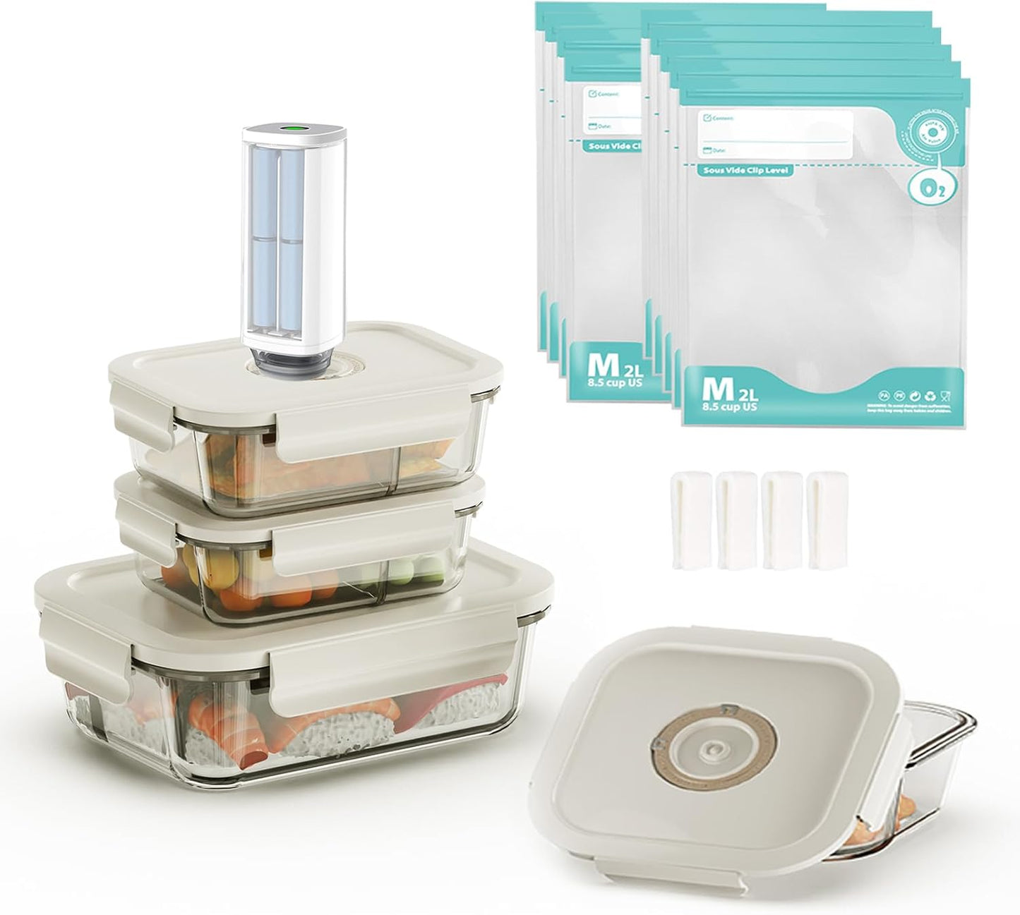 18 PCS Electric Vacuum Sealer, Borosilicate Glass Food Storage Containers, Premium Airtight, Portable Mini Vacuum Pump with 3 Containers, 10 Reusable Food Saver Sealer Bags,4 Sealing Clips