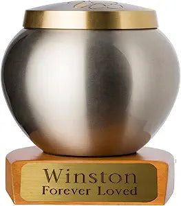 Pet Urn for Dogs and Cats with Personalized Wooden Base, Mia Paws Tribute Series Memorial Urns for Dogs and Cats (Small, Pewter/Brass Paws,Sesame Base, Brass Plate)