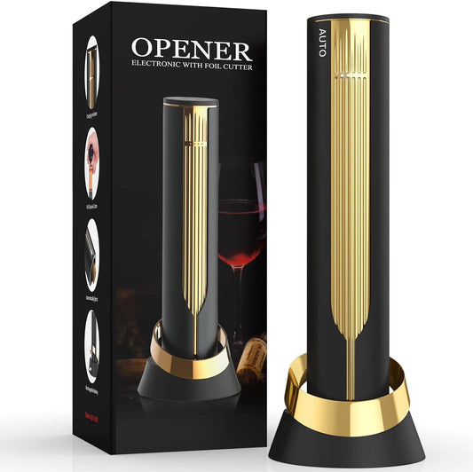 Newise Rechargeable Electric Wine Opener with Charging Base & Foil Cutter, Automatic Corkscrew for 60 Bottles, Luxury Gift for Wine Lovers Women Men - Gold & Black