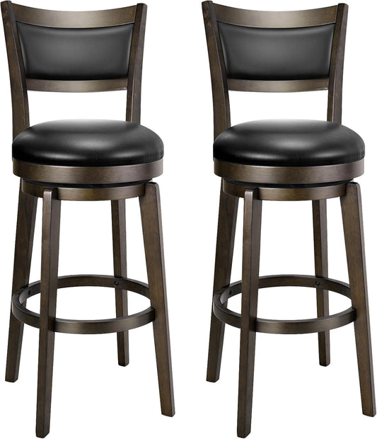 PrimeZone Swivel Bar Stools Set of 2, 30 Inch Bar Height Barstools, Black Faux Leather Bar Stool with High Backrest & Solid Wood Legs & Wrap-Around Footrest, Counter Stools for Kitchen Island, Pub