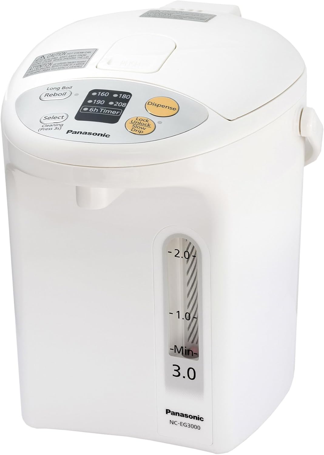 Panasonic 3.2qt Water Boiler Electric Hot Water Dispenser Countertop w\/Slow-Drip Mode for Coffee & Tea, 4 Temp Presets, Charcoal\u2011Purified Stainless, Auto Shut\u2011Off, Timer & Safety Lock - NC-EG3000