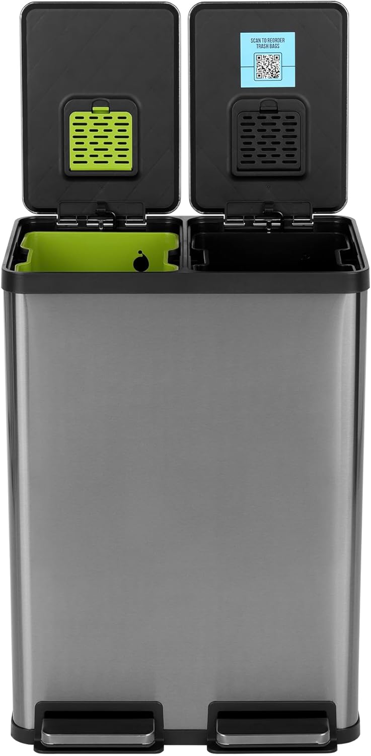 SIMPLI-MAGIC 16 Gallon (60L) Elegant Black Step Trash Can \u2013 Dual Compartment Kitchen Garbage Can with Waste & Recycling Bins \u2013 Slow-Close Lid, Odor Control, Hands-Free, Premium Stainless Steel