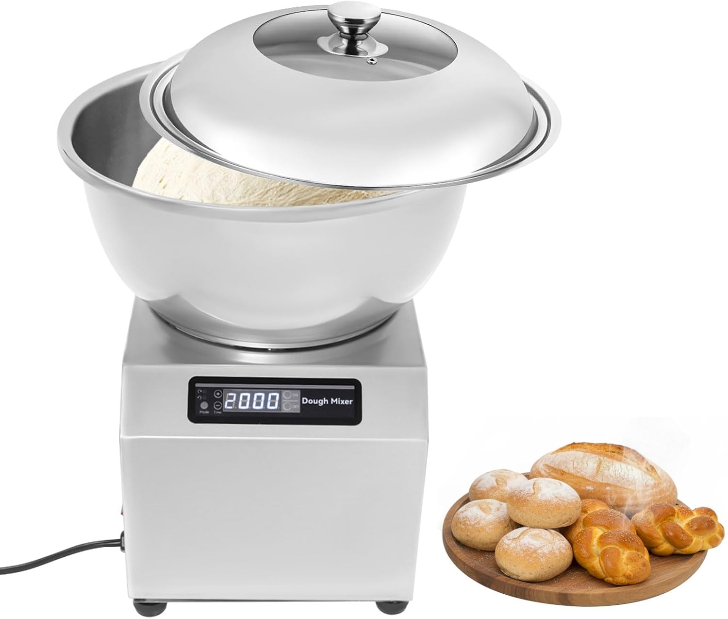 1500W Commercial Dough Mixer 8Kg/17.64Lbs Dough Kneading Machine 0-30Min Timer Setting 13.78 x 10.83 x 9.45in Electric Dough Maker for Mix Dumpling Filling Butter 6.89''H Basin