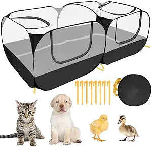 SlowTon Small Animals Playpen, Portable Large Chicken Run Coop with Detachable Bottom Breathable Transparent Mesh Walls, Foldable Pet Enclosure for Puppy Kitten Rabbits Indoor Outdoor(B,Flat Top)