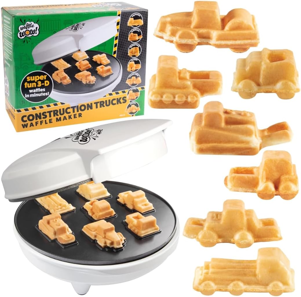 Construction Trucks Mini Waffle Maker- Make 7 Different 3D Vehicle Shaped Pancakes Feat a Bulldozer Forklift & More- Electric Nonstick Pan Cake Car Waffler Iron w Recipe Guide, Fun Kids Treat or Gift