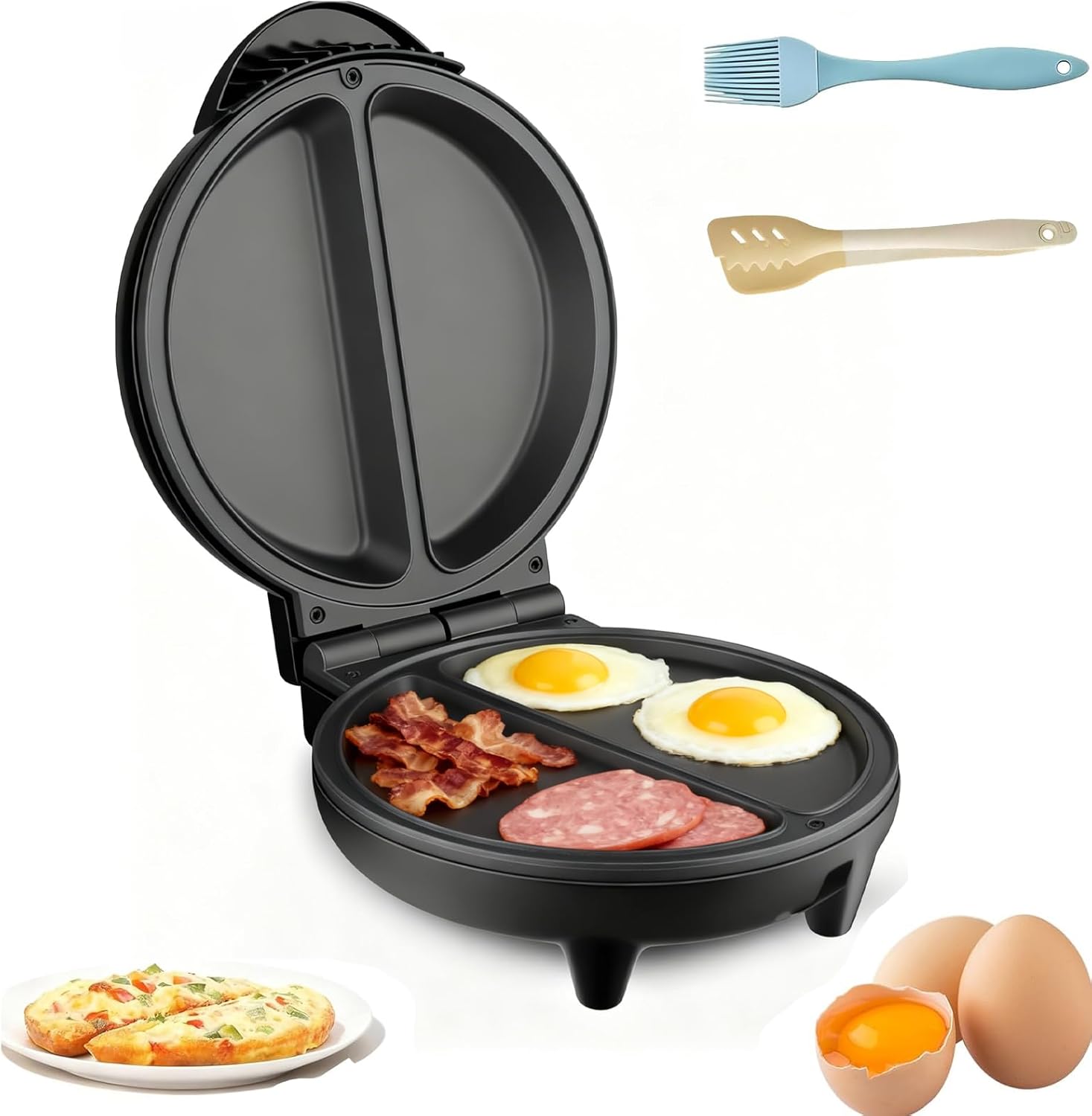 2026 New Dual-Zone Electric Omelette Maker, Dual Zone Electric Cooker, 1000W Rapid Double-Sided Egg Cooker with Non-Stick Plates, Compact Breakfast Maker, Cool-Touch Handle for Home, Dorm (1PC)