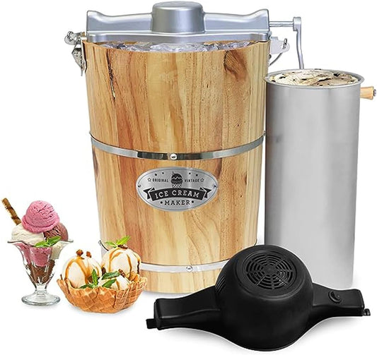 Elite Gourmet Old Fashioned 6 Quart Vintage Appalachian Wood Bucket Electric Ice Cream Maker Machine, *Bonus Classic Die-Cast Hand Crank for Churning, Uses Ice and Rock Salt Churns Ice Cream in Minute