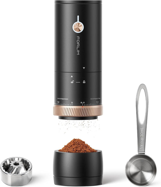 FORLIM Portable Electric Coffee Grinder, Cordless Rechargeable Coffee Bean Grinder with 80 Scale Precise Grinding Settings, Double-Click Start, 10-Blade Conical Burr Coffee Grinders, Clog‑Protection