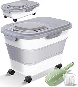 Collapsible Dog Food Storage Container, Airtight 30 35 Lbs Rice Cereal Flour Sugar Containers, Sealable Plastic 20 25 Pound Dog Pet Cat Bird Seed Kitchen Pantry Holder Bin Bucket with Rolling Wheel