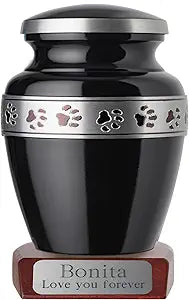 Pet Urn for Dogs and Cats with Personalized Wooden Base, Morgan Tribute Series Memorial Urns for Dogs and Cats (Medium, Ebony, Pewter Band, Silver Plate on Dark Base)