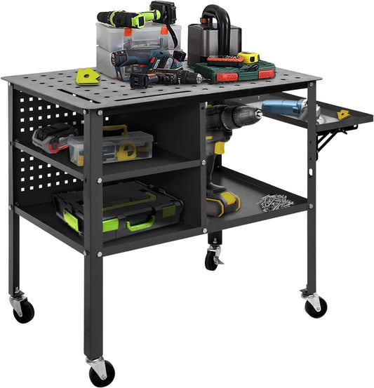 36"x24" Welding Table, Portable Rolling Metal Cart with 5/8'' Fixture Holes, 1800lbs Heavy Duty Steel Workbench with Wheels, Extra Middle Shelf & Shelf Storage Tray, Tool Organizer Trolley