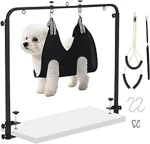 Adjustable Dog Grooming Arm for Table, [ 1 or 2 Arms Use] Dog Grooming Hammock for Home Use, Nail Trimming & Drying Hammock & 2 No-Sit Nooses