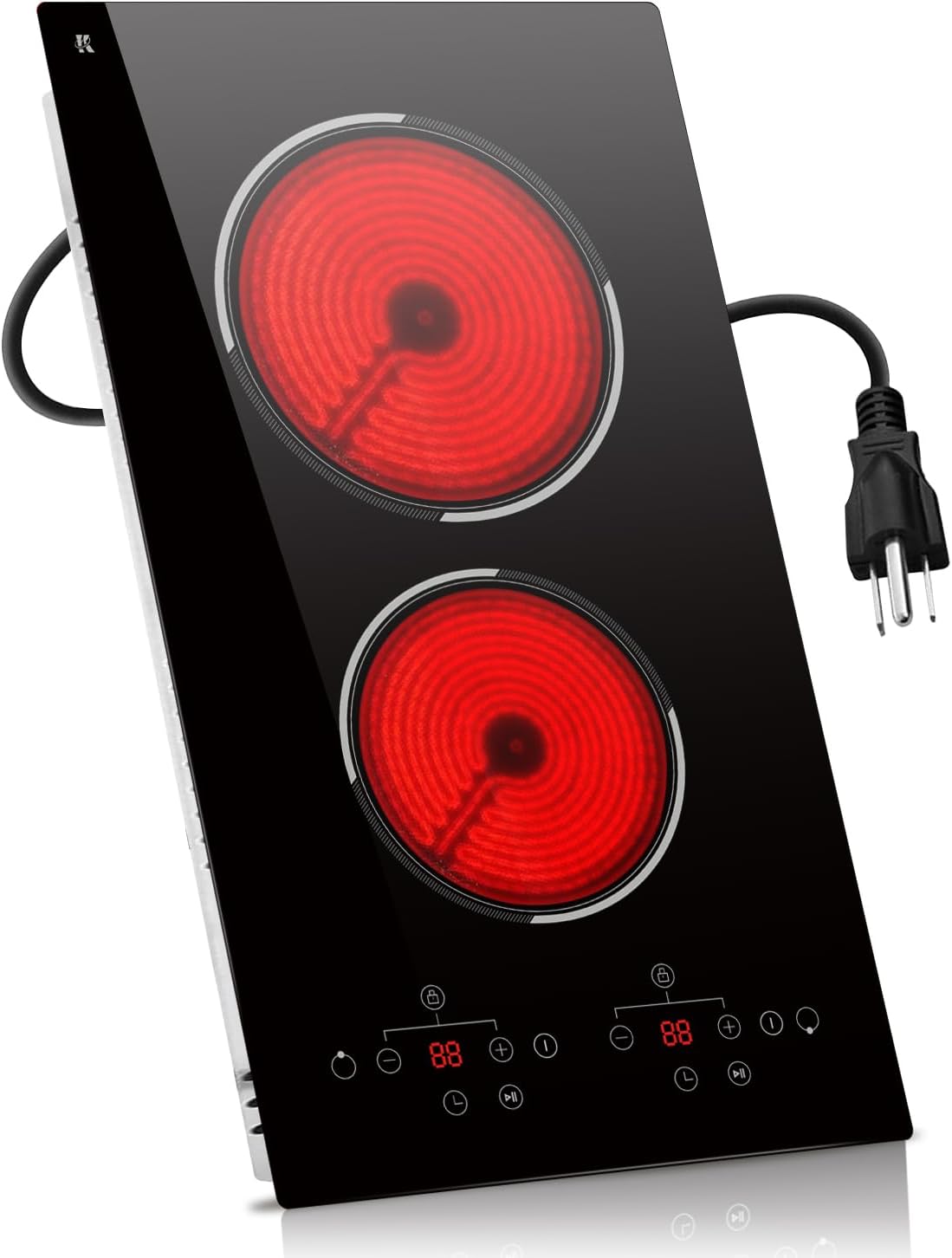 2 Burner Electric Cooktop, 12 Inch Built-in & Countertop Electric Stovetop, Ceramic Cooktop with Touch Control, Child Safety Lock, Timer, Pause Function, 9 Power Levels, 110V - 120V Plug in