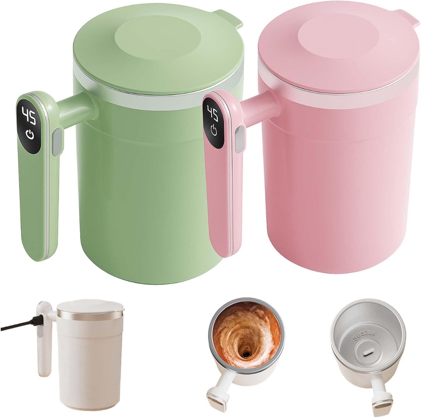 2 Pack Automatic Magnetic Stirring Coffee Mug, Stainless Steel Thermal Cup, 400ml With Handle Temp Display, Type-C Charge, Self-Mixing Travel Drinkware (Pink+Green)