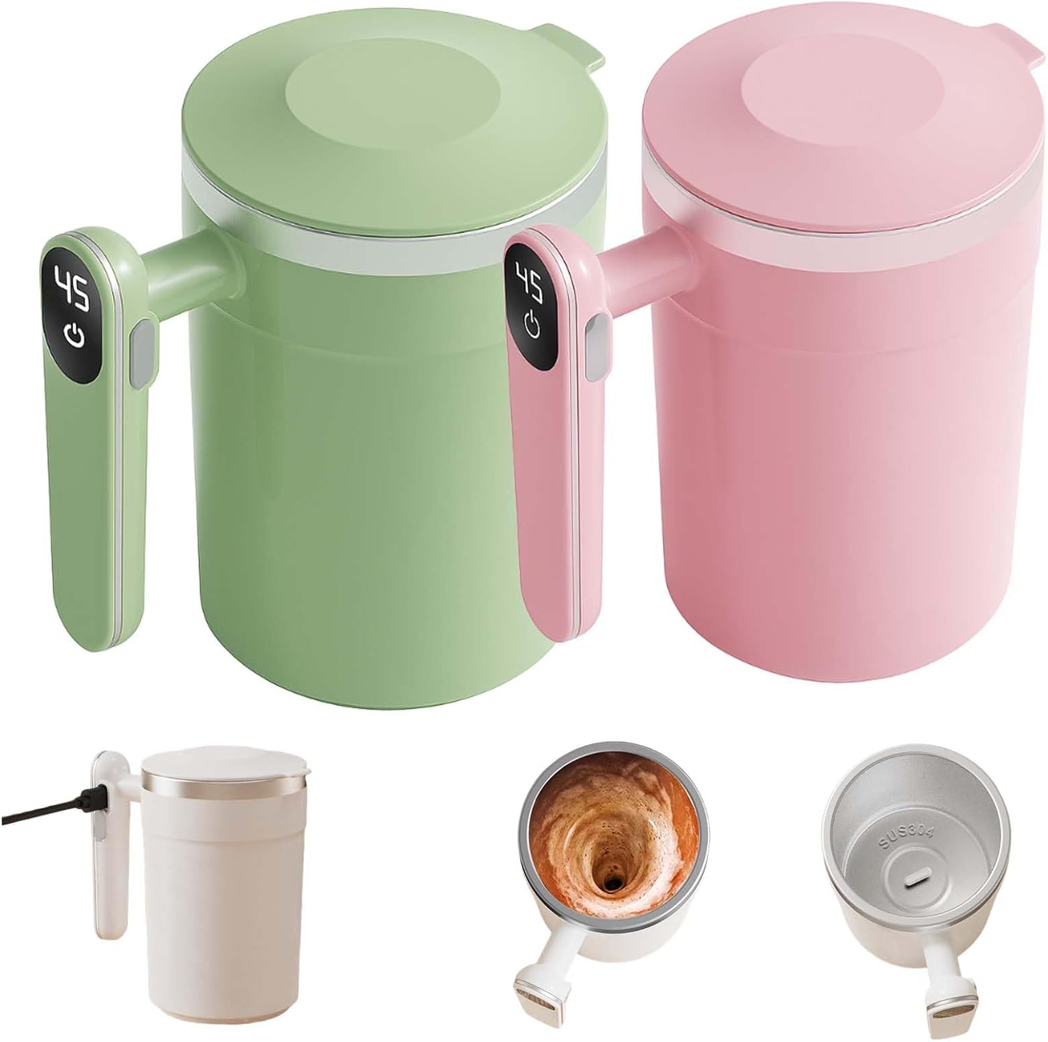 2 Pack Automatic Magnetic Stirring Coffee Mug, Stainless Steel Thermal Cup, 400ml With Handle Temp Display, Type-C Charge, Self-Mixing Travel Drinkware (Pink+Green)