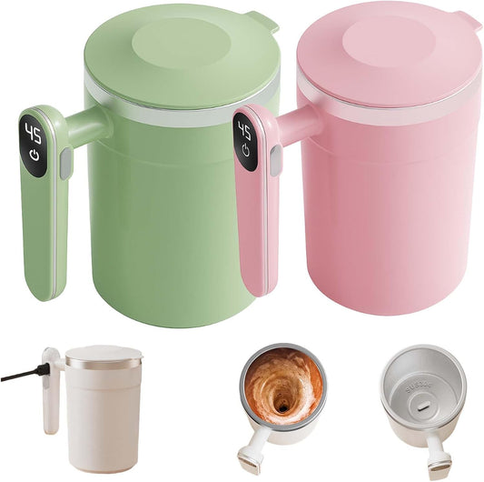 2 Pack Automatic Magnetic Stirring Coffee Mug, Stainless Steel Thermal Cup, 400ml With Handle Temp Display, Type-C Charge, Self-Mixing Travel Drinkware (Pink+Green)