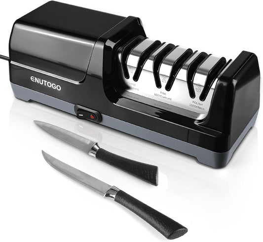 Knife Sharpener, Professional 3-Stage Electric Knife Sharpener for Kitchen Knives, 100% Diamond Abrasive for 20° Precision Angle Guide, Quickly Sharpening and Polish Blades