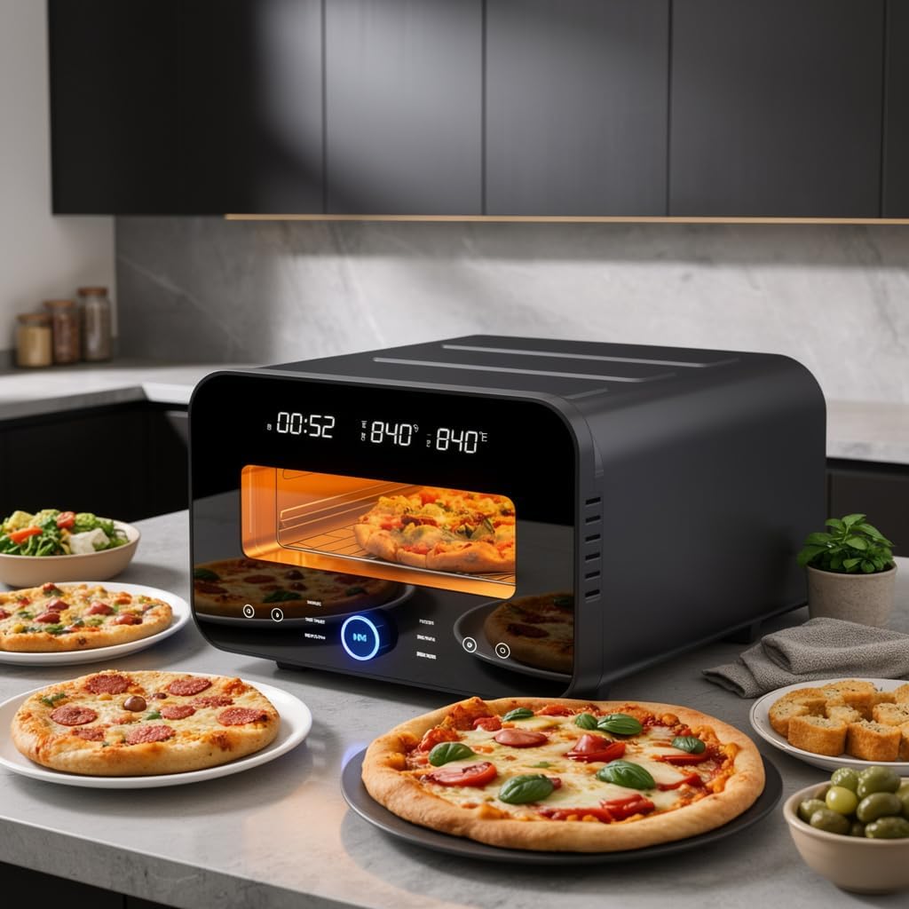 1700W Countertop Electric Pizza Oven, Heats to 840℉ with Presets, 60-Minute Timer, Includes Pizza Stone & Peel, Indoor Outdoor Pizza Maker
