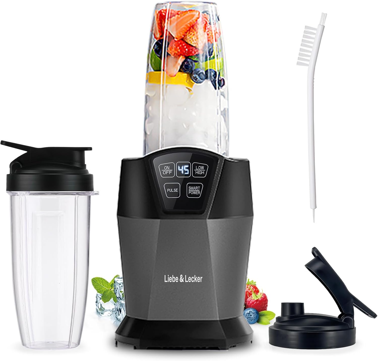 Liebe&Lecker Blender with 1200W-Peak-Watts, Powerful Smoothie Blender Smart Technology Blended Frozen Fruit for Smoothies, with Two 28-oz To-go Cups & Spout Lids