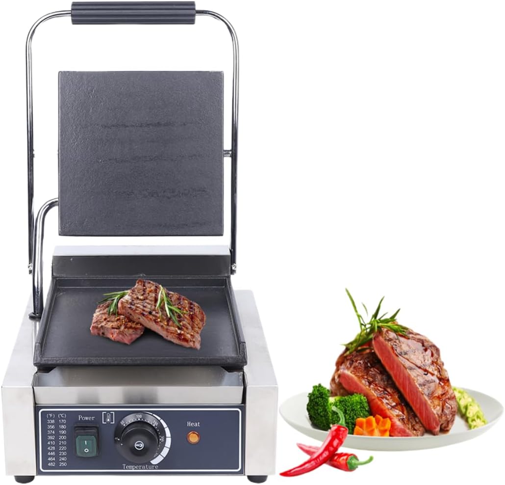 Commercial 1800W Panini Press Grill, Dual-Sided Electric Griddle Machine with Non-Stick Surfaces, Adjustable Temperature Control, Opens 180°, Stainless Steel Sandwich Maker