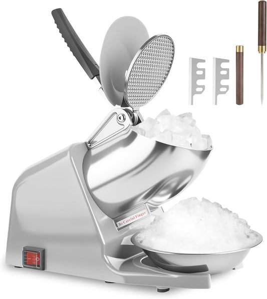 Shcazhcx Dual Blades 178 lbs\/hr Electric Ice Crusher, 300W Ice Shaver, 2200 RPM Shaved Ice Machine with Extra Blades and Ice Pick for Home and Commercial Use, ETL-Listed, Silver