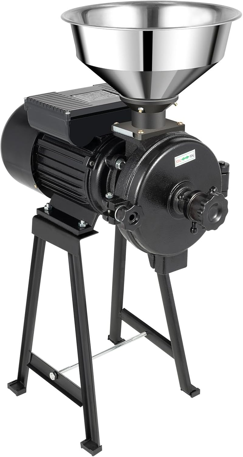 Commercial Electric Grain Mill Grinder - 1500W Heavy-Duty Flour Corn Mill with Removable Funnel - Adjustable Thickness for Corn, Wheat, Coffee Beans - Perfect for Home and Restaurant Use, Black